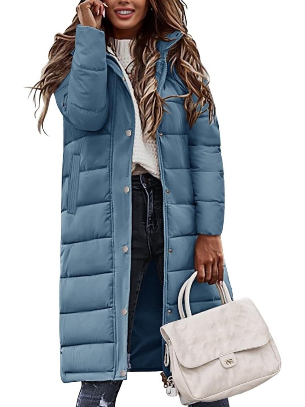 Women's Blue Winter Long Puffer Coat Quilted Warm Jacket with Side Zippers
